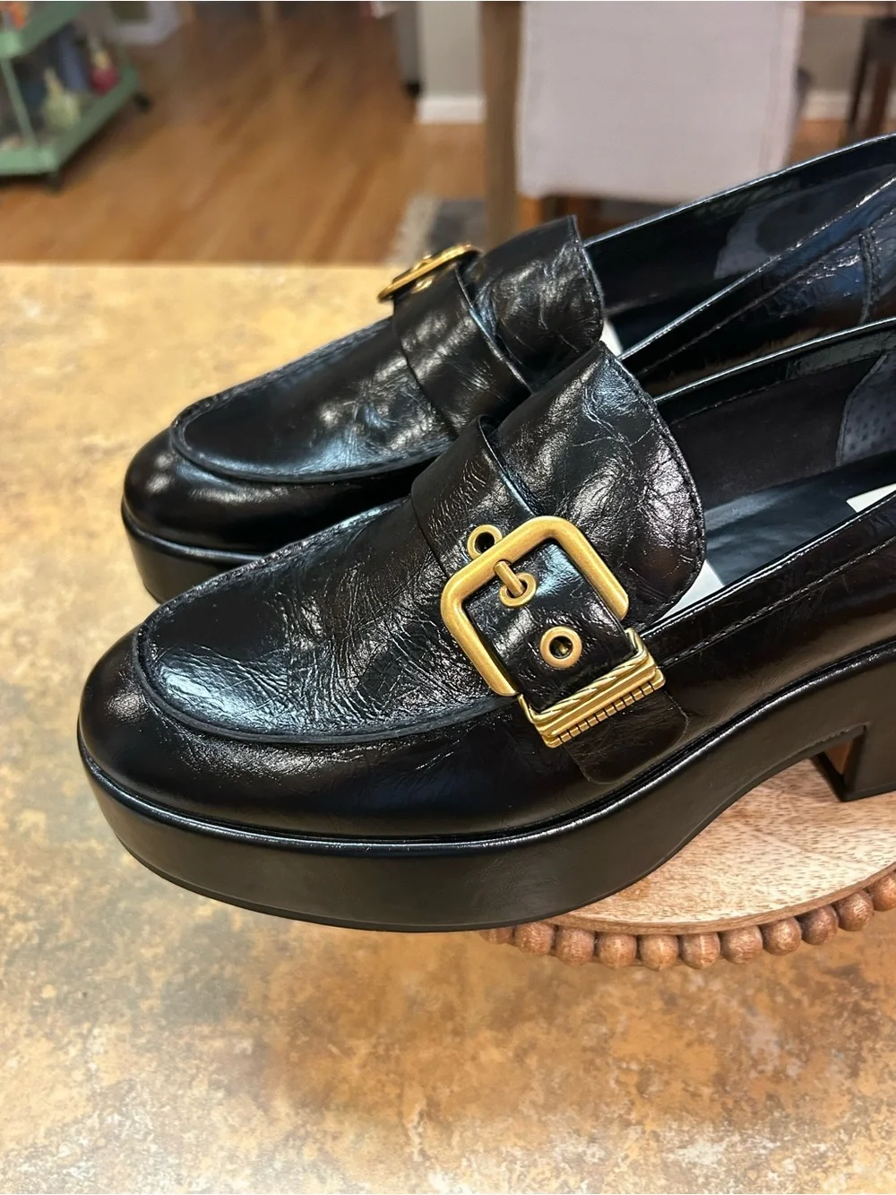 Anthropologie /Dolce Vita Yonder Black Platform Loafer with Gold Buckle